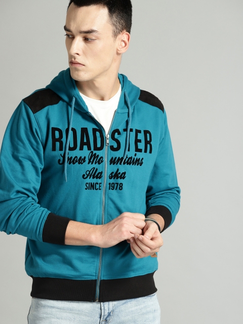 

Roadster Men Teal Blue & Black Printed Hooded Sweatshirt