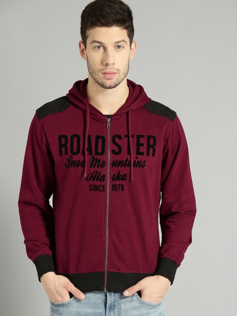 

Roadster Men Burgundy & Black Printed Hooded Sweatshirt