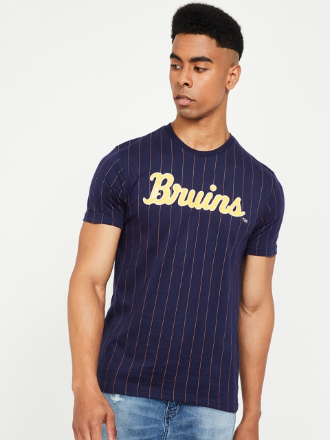 

UCLA Men Navy Blue Striped Round Neck T-shirt