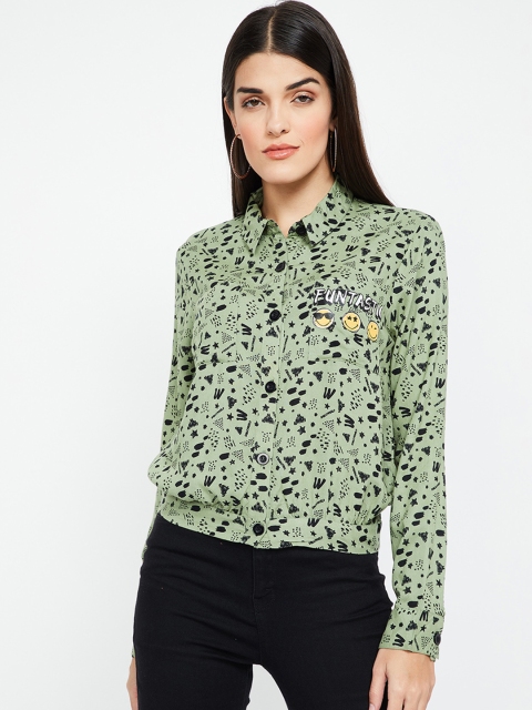 

Smiley World Women Olive Green & Black Printed Regular Fit Casual Shirt