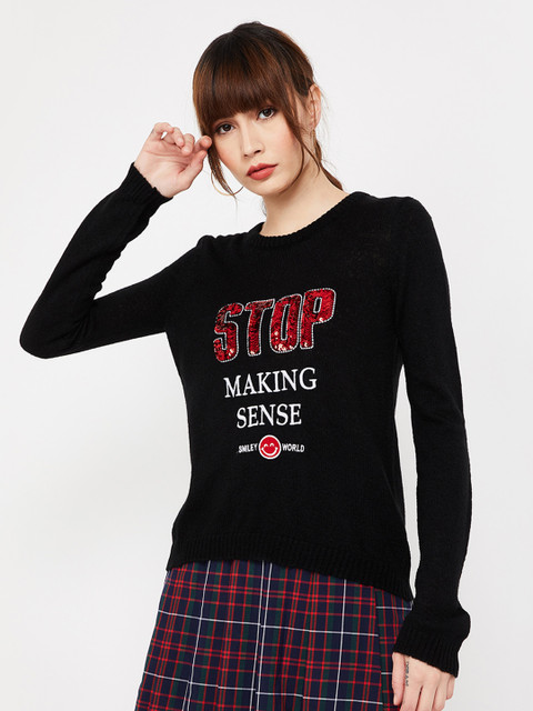 

Smiley World Women Black Printed Pullover Sweater