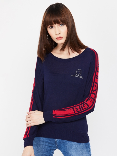 

Smiley World Women Navy Blue & Red Colourblocked Pullover Sweater
