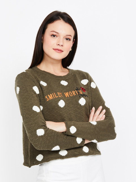 

Smiley World Women Olive Green & White Self-Design Pullover Sweater
