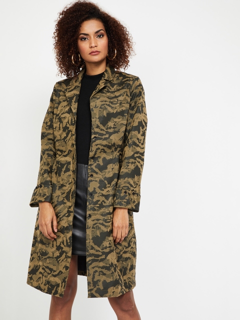 

Ginger by Lifestyle Women Brown Green Printed Longline Tailored Jacket, Olive