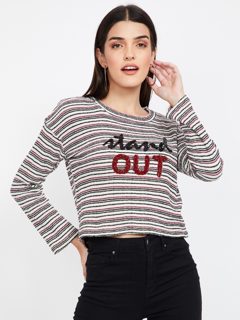 

Ginger by Lifestyle Women White & Pink Striped Crop Sweatshirt