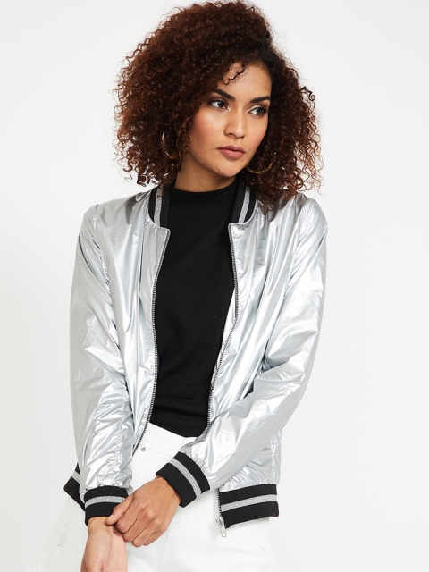 

Ginger by Lifestyle Women Silver-Toned Solid Bomber Jacket