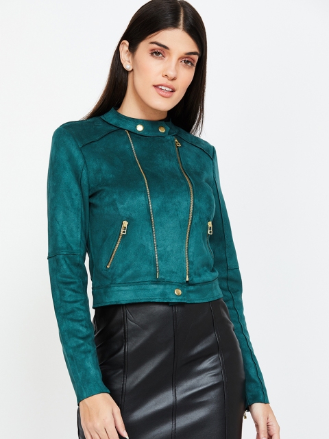 

Ginger by Lifestyle Women Green Solid Biker Jacket