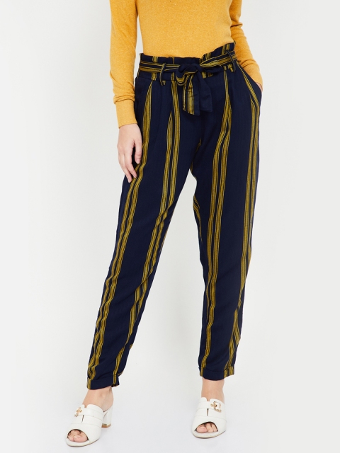 

Ginger by Lifestyle Women Navy Blue & Yellow Regular Fit Striped Peg Trousers