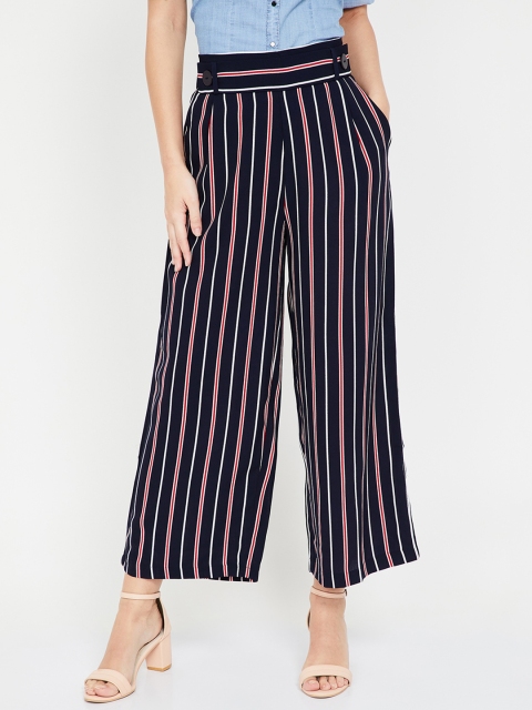 

Ginger by Lifestyle Women Navy Blue & White Regular Fit Striped Parallel Trousers