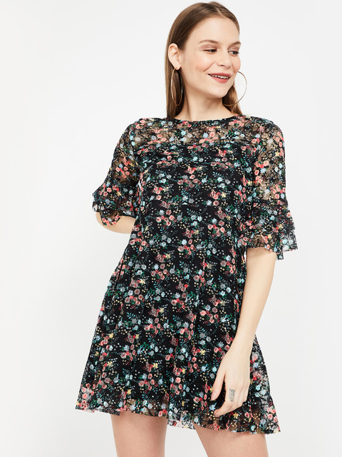 

Ginger by Lifestyle Women Black & Blue Printed A-Line Dress