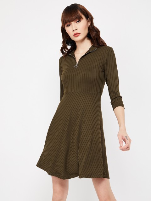 

Ginger by Lifestyle Women Self Design Olive Green Fit and Flare Dress