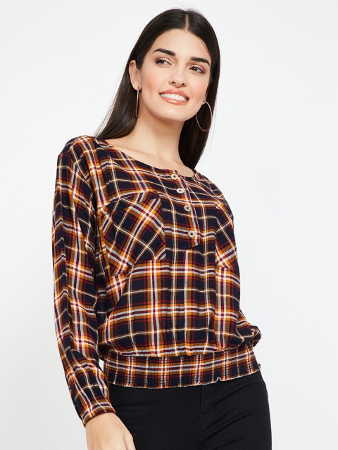 

Ginger by Lifestyle Women Brown & Mustard Yellow Checked Pure Cotton Top