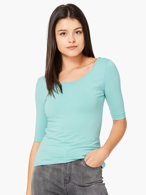 

Ginger by Lifestyle Women Sea Green Solid Round Neck T-shirt