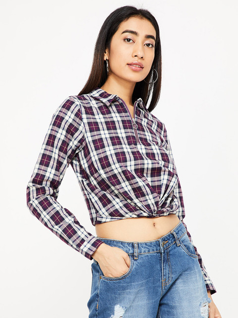 

Ginger by Lifestyle Women Purple Checked Shirt Style Crop Top