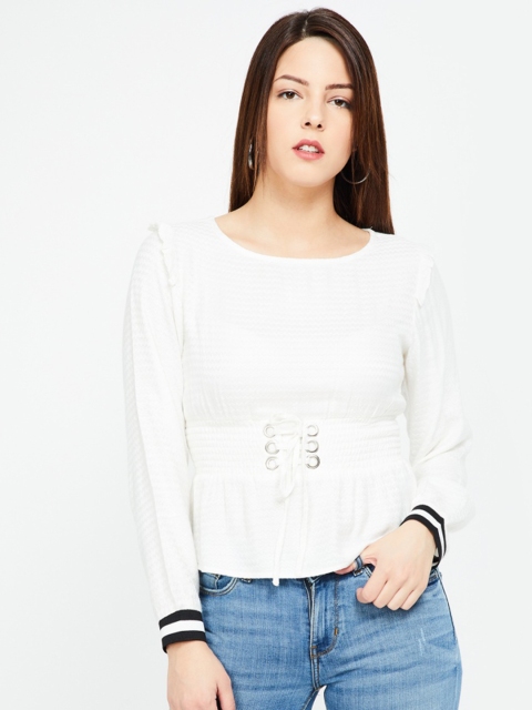 

Ginger by Lifestyle Women White Striped Cinched Waist Top with Smocking