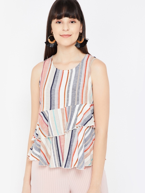 

Ginger by Lifestyle Women Off-White & Blue Pure Cotton Striped A-Line Top