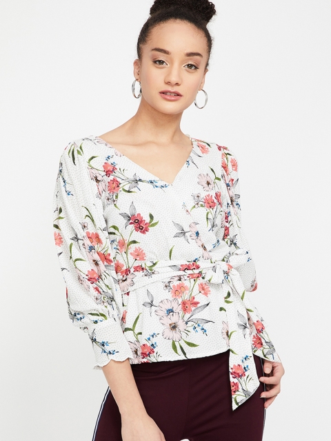 

Ginger by Lifestyle Women Off-White Printed Cinched Waist Top