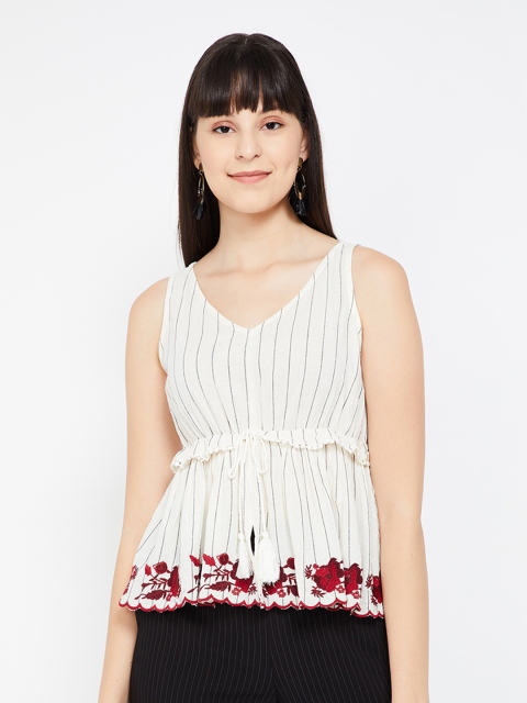

Ginger by Lifestyle Women Off-White & Black Striped Pure Cotton Peplum Top