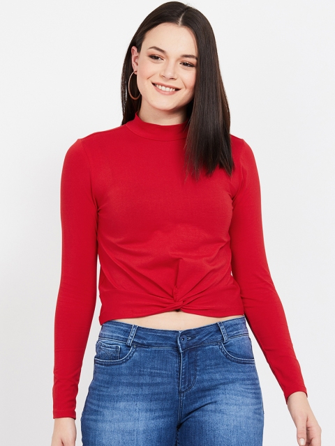 

Ginger by Lifestyle Women Red Pure Cotton Solid Crop Top