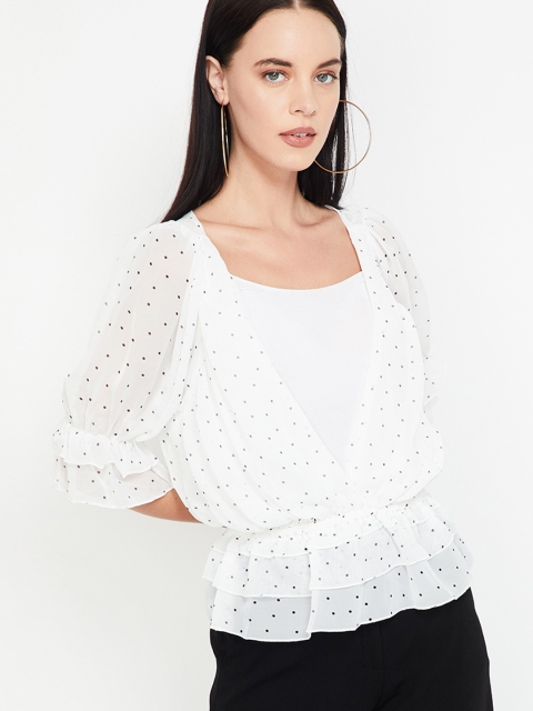 

Ginger by Lifestyle Women White & Grey Printed Cinched Waist Top