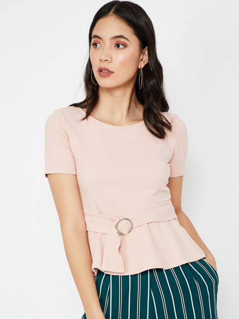 

Ginger by Lifestyle Women Pink Solid Cinched Waist Top