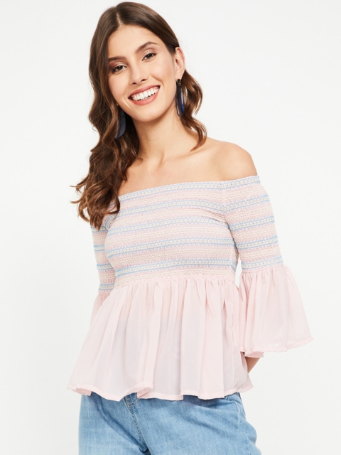 

Ginger by Lifestyle Women Pink Striped Pure Cotton Bardot Top