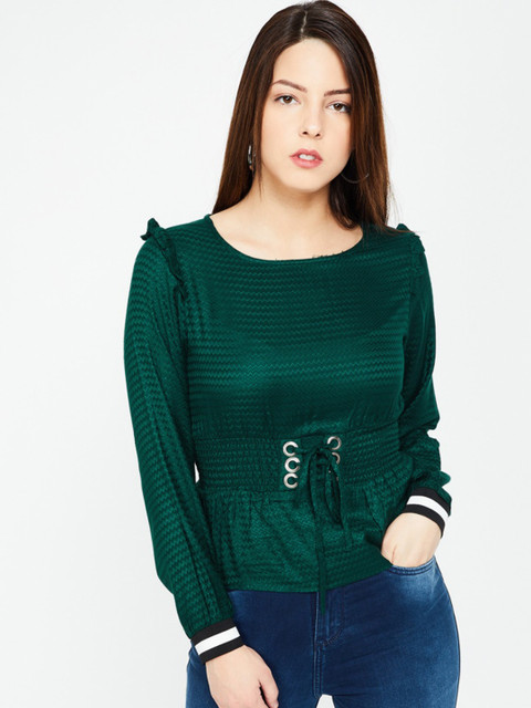 

Ginger by Lifestyle Women Green Striped Cinched Waist Top