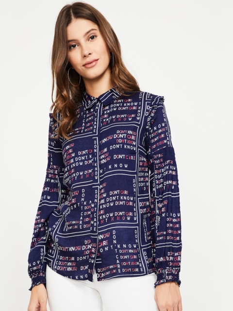 

Ginger by Lifestyle Women Navy Blue Printed Shirt Style Top