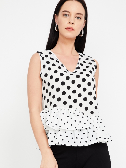 

Ginger by Lifestyle Women White & Black Polka Dot Print Top