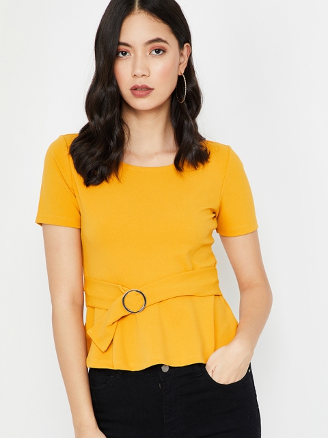 

Ginger by Lifestyle Women Mustard Yellow Solid Cinched Waist Top