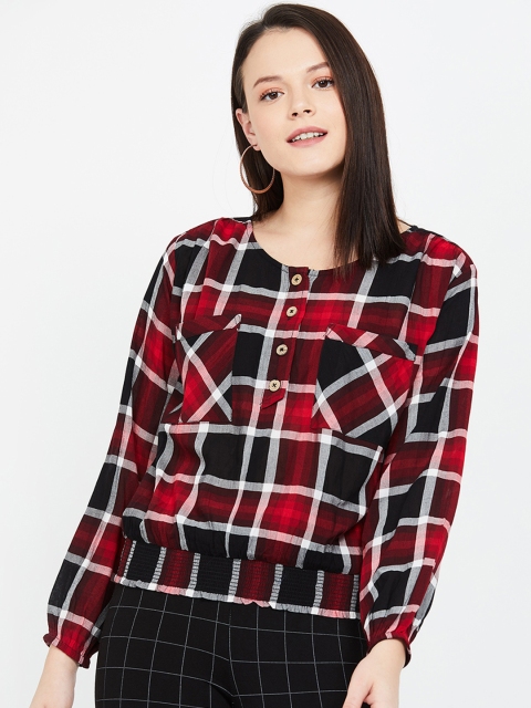 

Ginger by Lifestyle Women Red Checked Blouson Pure Cotton Top