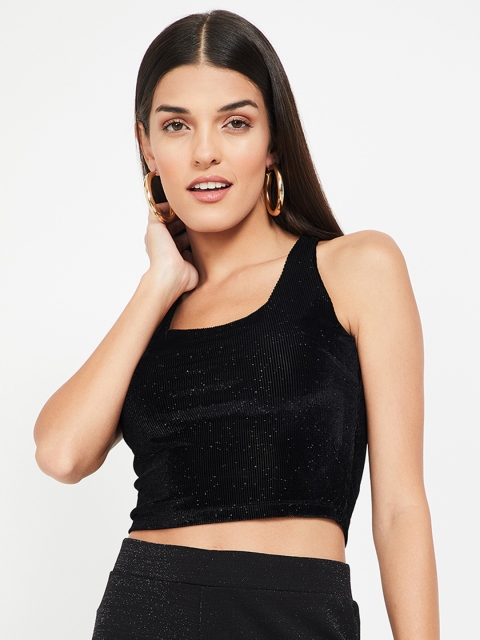 

Ginger by Lifestyle Women Black Solid Round Neck Crop T-shirt