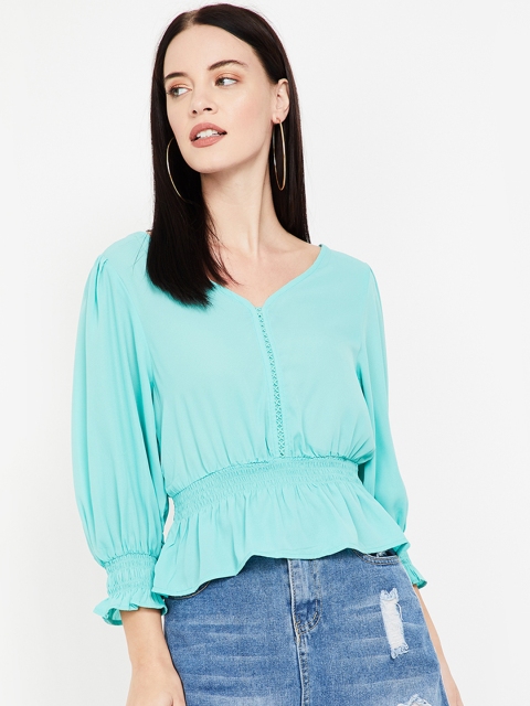 

Ginger by Lifestyle Women Turquoise Blue Solid Cinched Waist Top