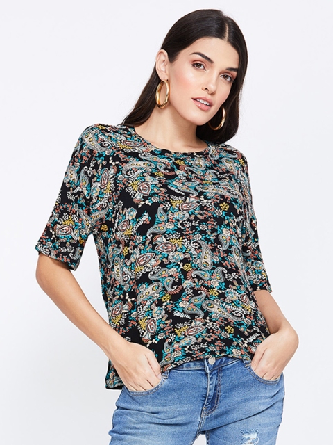 

Ginger by Lifestyle Women Black & Blue Printed Round Neck T-shirt