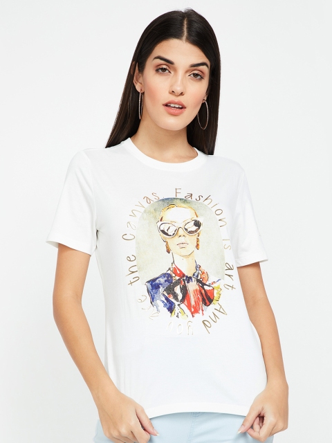 

Ginger by Lifestyle Women Off-White Printed Round Neck T-shirt