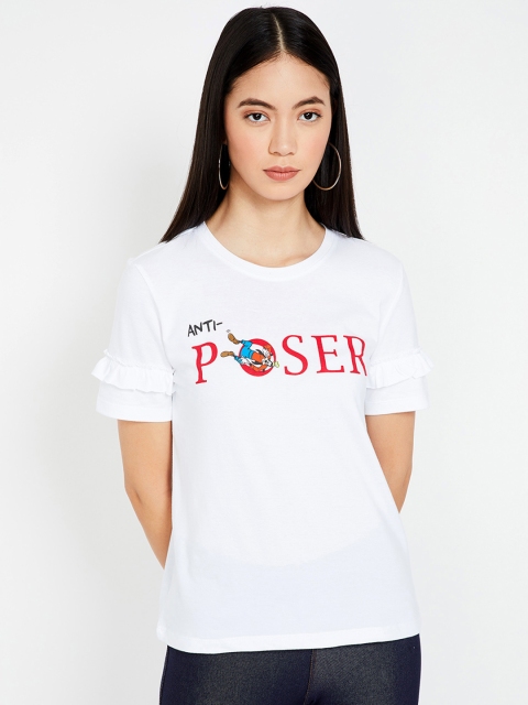 

Ginger by Lifestyle Women White Printed Round Neck T-shirt