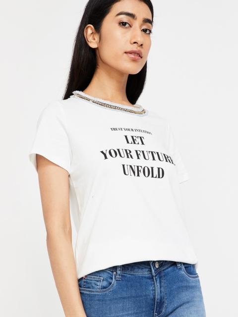 

Ginger by Lifestyle Women White Printed Round Neck T-shirt