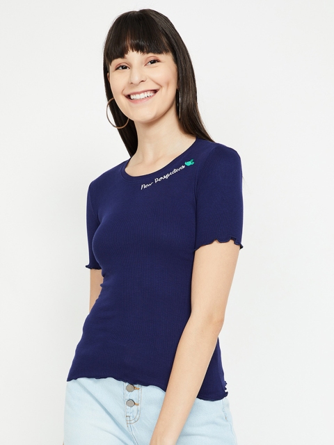 

Ginger by Lifestyle Women Navy Blue Solid Round Neck T-shirt