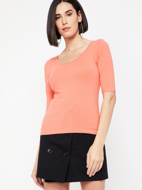 

Ginger by Lifestyle Women Coral Solid Round Neck T-shirt