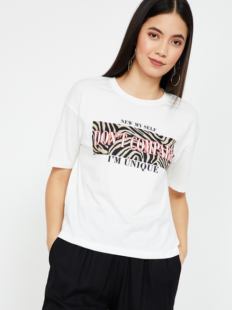 

Ginger by Lifestyle Women Off-White Printed Round Neck T-shirt