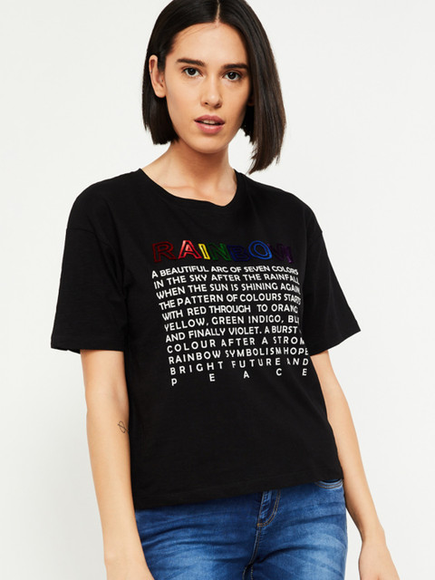 

Ginger by Lifestyle Women Black Printed Round Neck T-shirt