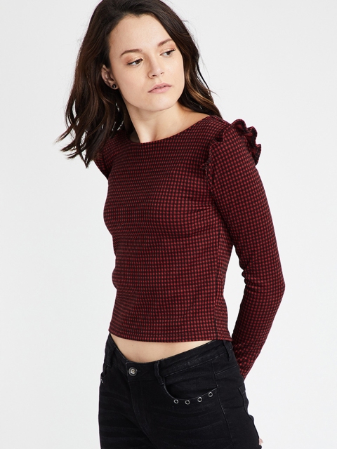 

Ginger by Lifestyle Women Red Striped Crop Top with Ruffle Detail