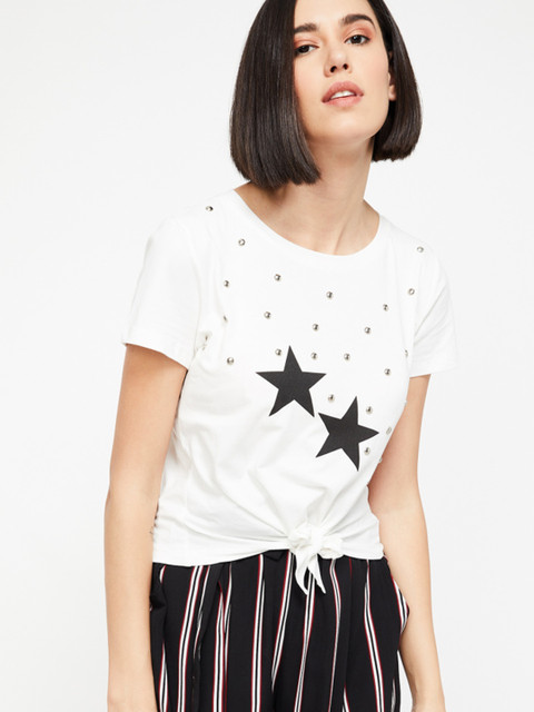 

Ginger by Lifestyle Women Off-White Printed Round Neck T-shirt