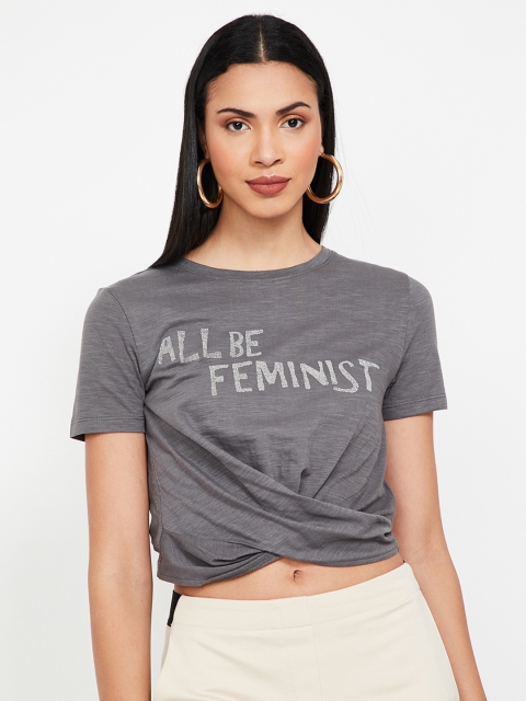 

Ginger by Lifestyle Women Charcoal Grey Pure Cotton Printed Cinched Waist Top