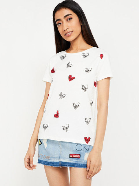 

Ginger by Lifestyle Women Off-White Printed Round Neck T-shirt