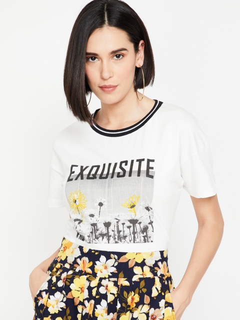 

Ginger by Lifestyle Women Off-White Printed Round Neck T-shirt