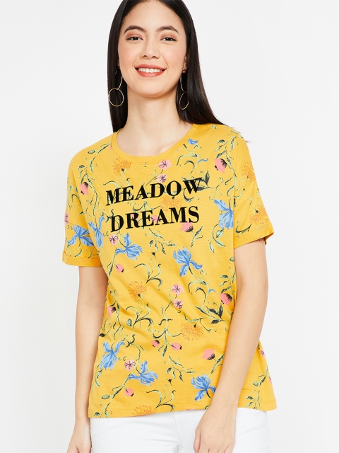 

Ginger by Lifestyle Women Mustard Yellow Printed Round Neck T-shirt
