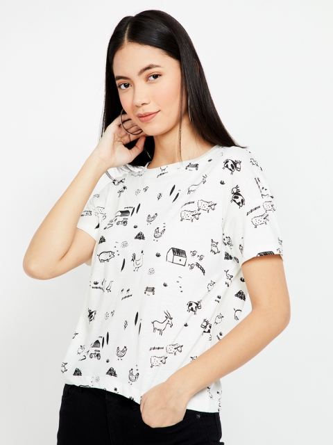 

Ginger by Lifestyle Women Off-White Printed Round Neck T-shirt
