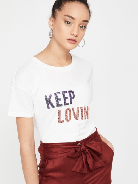 

Ginger by Lifestyle Women White Solid Round Neck T-shirt
