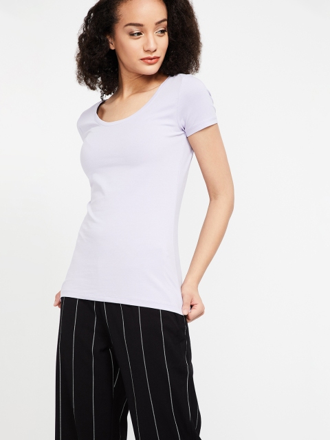 

Ginger by Lifestyle Women Lavender Solid Round Neck T-shirt